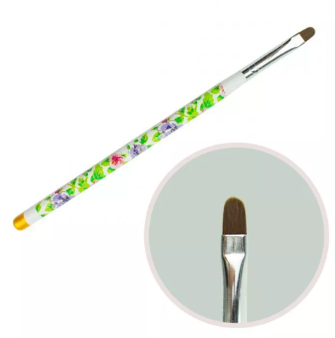 Купити Пензлик для гелю №8 (овальний ворс, біла ручка з квітковим принтом) , ціна 40 грн, фото 1