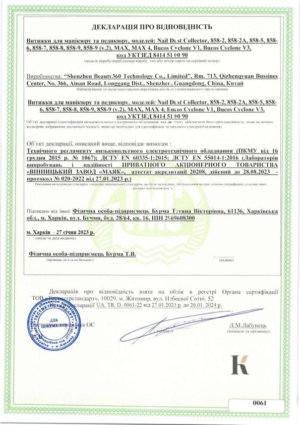 Сертификат соответствия на вытяжки для маникюра