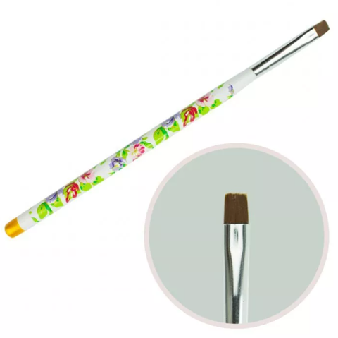 Купити Пензлик для гелю №8 (прямий ворс, біла ручка з квітковим принтом) , ціна 40 грн в магазині Qrasa.ua