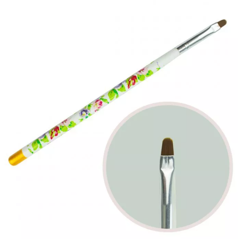 Купити Пензлик для гелю №4 (овальний ворс, біла ручка з квітковим принтом) , ціна 40 грн в магазині Qrasa.ua