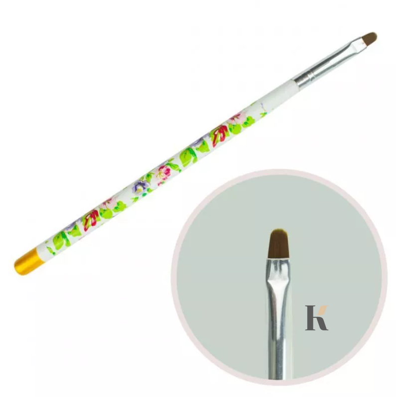 Купить Кисточка для геля №4 (овальный ворс, белая ручка с цветочным принтом) , цена 40 грн, фото 1