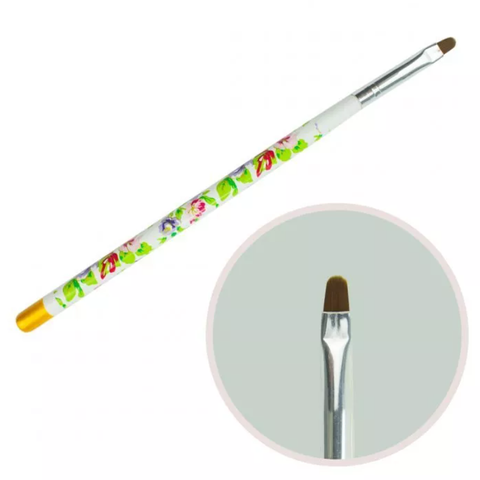 Купити Пензлик для гелю №4 (прямий ворс, біла ручка з квітковим принтом) , ціна 40 грн в магазині Qrasa.ua