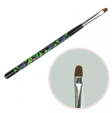 Купити Пензлик для гелю №6 (овальний ворс, чорна ручка з квітковим принтом) , ціна 40 грн в магазині Qrasa.ua