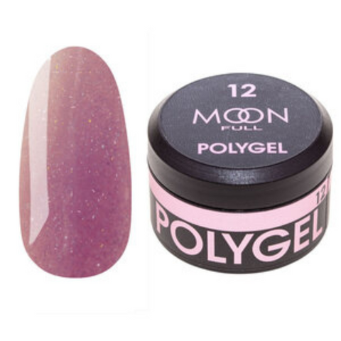 Полигель Moon Full Poly Gel №12, 15 мл Розово-металический с шиммером, 15 мл, шиммер/микроблеск