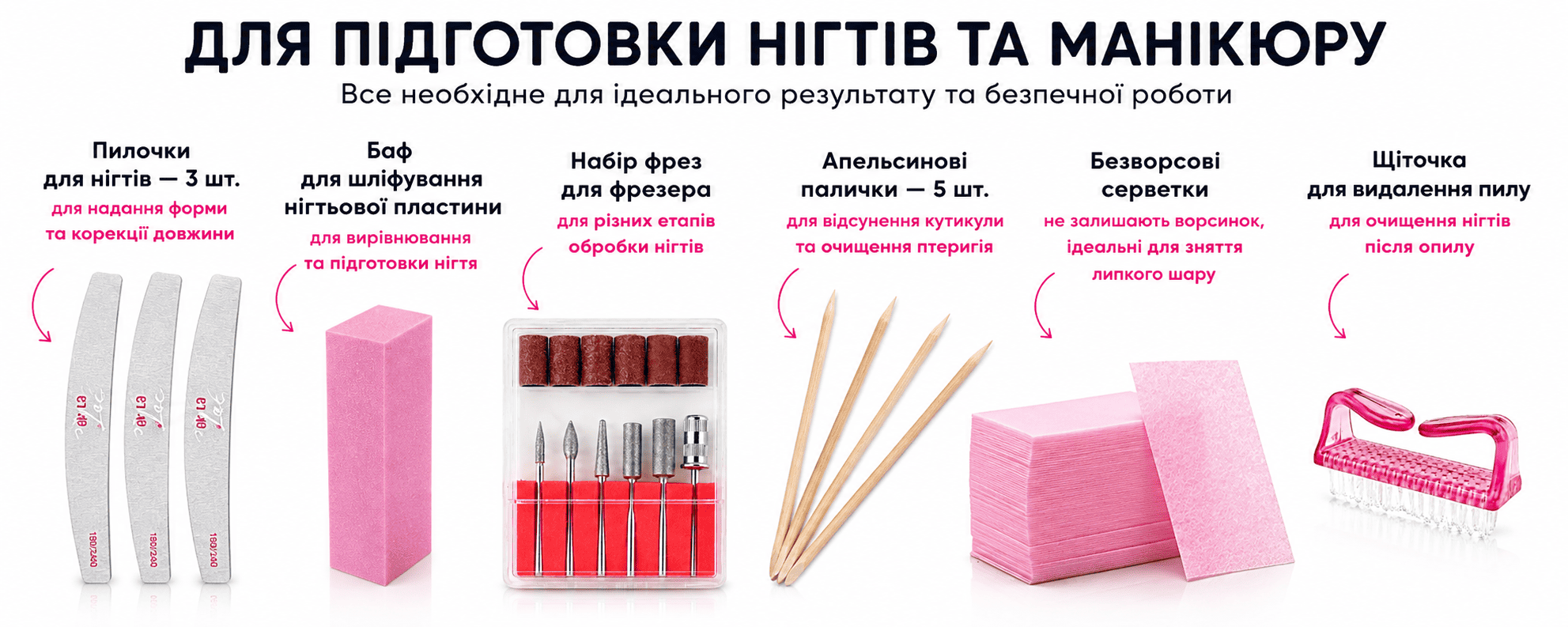 Инструменты для подготовки ногтей и маникюра: 3 пилочки, баф, набор фрез, апельсиновые палочки, безворсовые салфетки и щеточка